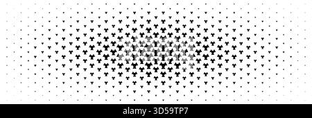 horizontal halftone of black triangle and hexagon design spread from center on white for pattern and background. Stock Vector