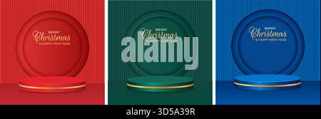Set of festive Christmas and New Year's shop window backdrops featuring a 3D podium and gold text. Vector illustration. Stock Vector