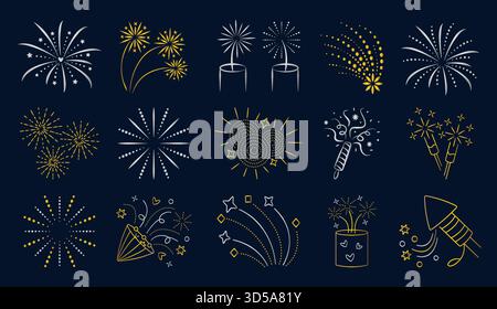 Gold and silver fireworks icon set. Sparklers and firecrackers gradient shiny line pictograms. Salute and sparkle golden and chrome signs. Vector coll Stock Vector