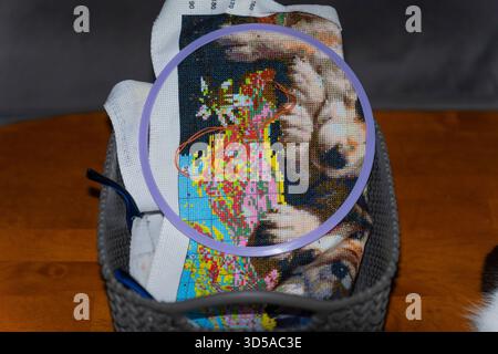 Abstract handmade embroidery with colored threads in a wicker basket Stock Photo