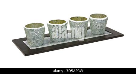 Small sparkling candlesticks on wooden tray white background Stock Photo