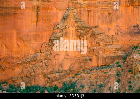 Close-up of a textured, reddish-orange sandstone cliff with natural erosion patterns and layered striations in Arches National Park Stock Photo