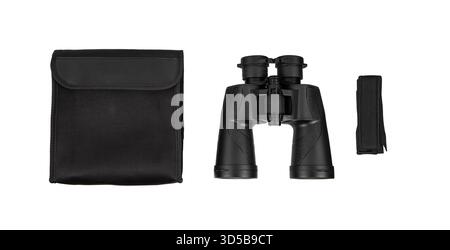 Black binoculars, carrying case, and strap displayed against a white background. Stock Photo