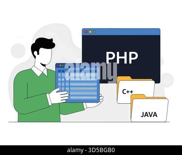 Software developer working with PHP Java and C plus plus files Stock Vector