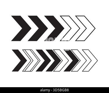 Forward Moving Arrow Set in Black and White Outline Design Element Stock Vector