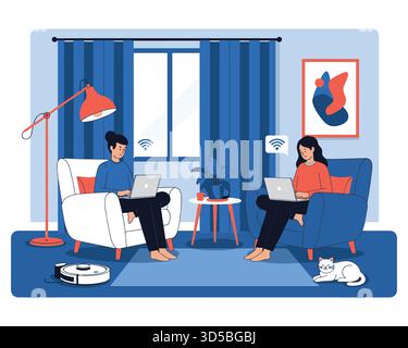 People working remotely from home with laptops and a robot vacuum Stock Vector