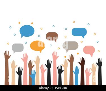 Diverse Hands Reaching Up with Colorful Speech Bubbles Floating Above Design Stock Vector