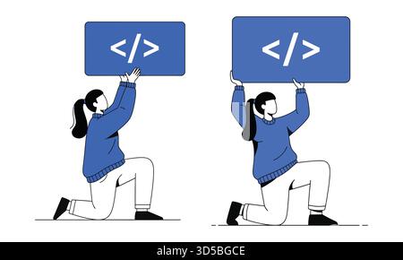 Women holding code signs symbolizing software development and programming concept Stock Vector