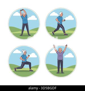 Senior people exercising for health in outdoor park illustrations set Stock Vector