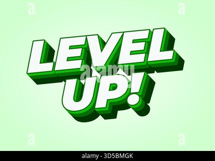 A vibrant graphic design featuring the text LEVEL UP! in bold, 3D letters with a green and white color scheme against a light green background. Stock Vector