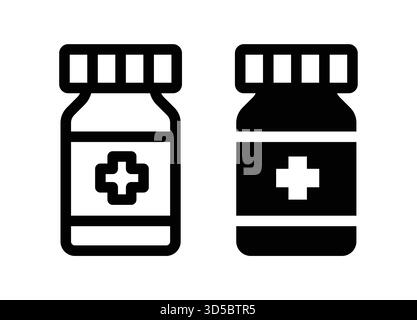 A pair of minimalist black and white icons depicting medicine bottles with a cross symbol, suitable for healthcare and pharmaceutical design applicati Stock Vector