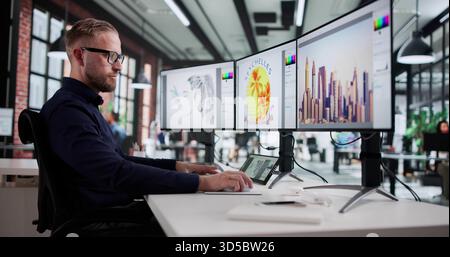 Young Graphic Designer Editing Photos On Computer Using Design Software. Stock Photo
