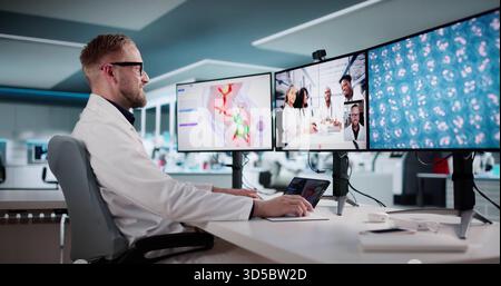 Medical Research Team Conducts Virtual Video Conference Meeting In Laboratory Stock Photo