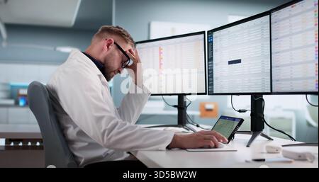 Upset Doctor In Uniform Frustrated Using Multiple Screens For Medical Tasks. Stock Photo