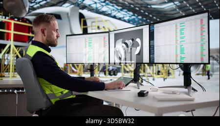 Young Engineer Revolutionizing Aircraft Maintenance With Innovative 3D CAD Technology. Stock Photo