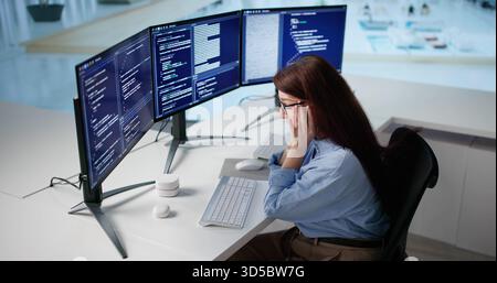 Unhappy Woman Frustrated With Vibe While Coding On Her Computer. Stock Photo