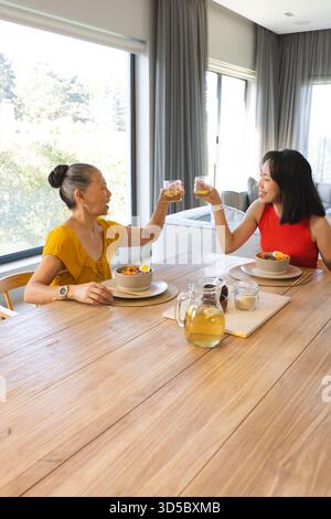 Asian women toasting with drinks at dining table, enjoying meal together at home Stock Photo