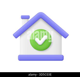 White house with purple roof and green check mark symbol. Real estate, mortgage approval, verified property, safe housing and successful home purchase Stock Vector