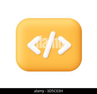 White coding symbol on yellow square button. Python or Java Api symbols. Code or programming tags. Programming, coding and web development concept. 3d Stock Vector