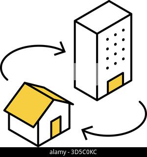 Simple line-drawn isometric illustration depicting the concept of moving from a single-family home to a condominium when purchasing real estate, Vecto Stock Vector