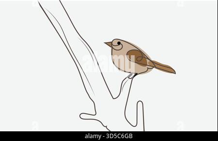 Minimalist Bird Line Art Illustration | One Line Drawing of Sparrow on Branch, Simple Nature Artwork, Modern Wall Decor, Elegant Animal Sketch Design Stock Vector