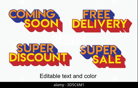 Editable Typography Text Effect Bundle | Retro Bold Sale Labels | 3D Vector Discount Banners | Coming Soon, Super Sale, Free Delivery Designs for Mark Stock Vector