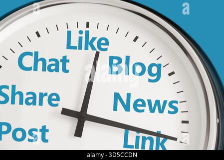 Social media networking time management and web business strategy concept with a clock face close up and social media sign. Stock Photo
