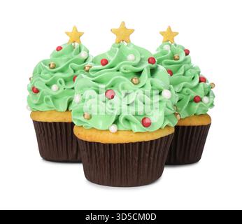 Christmas tree shaped cupcakes isolated on white Stock Photo