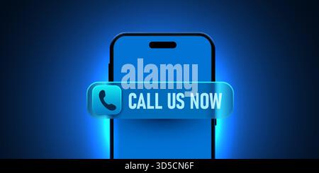 Call Us Now glass button on a modern blue smartphone screen, symbolizing instant digital communication. Vector illustration. Stock Vector