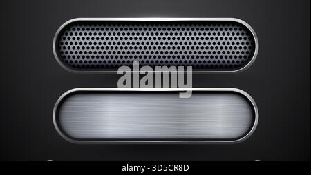 Metallic buttons with brushed and perforated textures on a dark background, ideal as UI design element. Vector illustration. Stock Vector