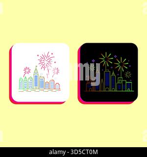 Festive city skyline with fireworks on a white and black background Stock Vector