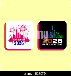 Happy New Year 2026 cityscape celebration festive vector design elements Stock Vector