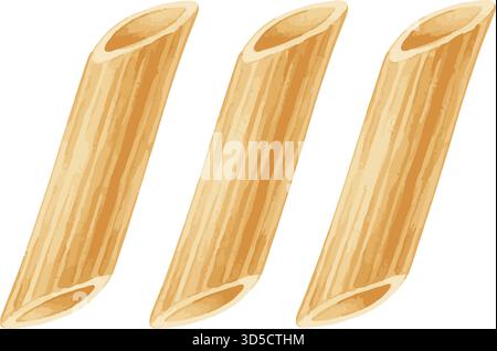 A watercolor illustration of three penne pasta pieces. Hand-drawn tube-shaped Italian food ingredients Stock Vector