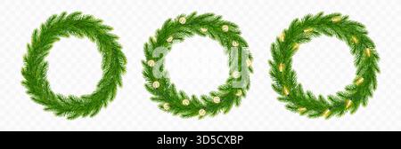 Christmas wreath of fir branches with electric lights on transparent background. Set of realistic Christmas wreaths with glow garlands Stock Vector
