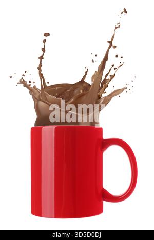 Tasty cocoa drink splashing in cup against white background Stock Photo