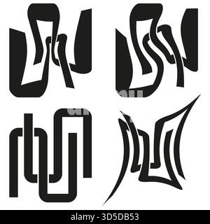Four abstract symbols. Curved ribbon lines. Geometric Vector elements set. Black modern pattern. EPS 10. Stock Vector