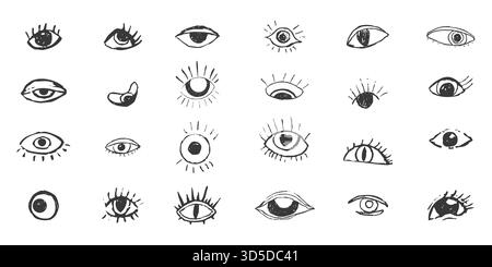 Eyes Crazy doodle black eyes. Open eye creative hand drawn human parts of faces elements, various opened eyes. Black ink vision icon, hand drawn grunge ophthalmologist symbol, drawn charcoal eyes. Vector illustration Stock Vector