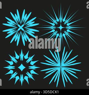 Four abstract bursts. Cyan star Vector shapes. Explosion light element. Dark black background. EPS 10. Stock Vector