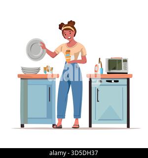 Person washing dishes in kitchen – Cleaning, home, sink, chores Stock Vector