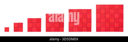 Red wooden cubes, arranged in squares, visualizing square numbers and perfect squares from 1 to 6. Stock Photo