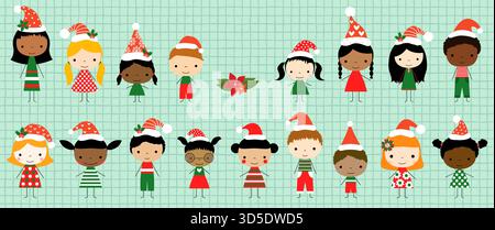 Cute vector kids stick figures with red Santa hats, children illustration for holiday greeting cards and designs Stock Vector