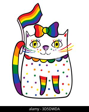 Cute hand drawn vector cat with LGBT pride flag, rainbow colors hand drawn doodle kitty, cartoon animal illustration design Stock Vector