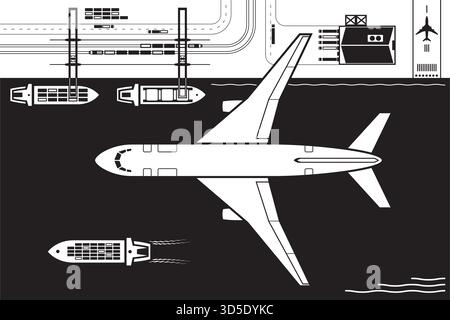 Cargo plane flying over sea freight terminal - vector illustration Stock Vector