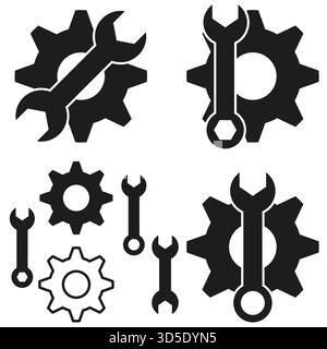 Black wrench gear icons. Mechanic tool collection. Industrial engineering symbols. Vector silhouette set. EPS 10. Stock Vector