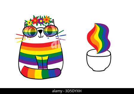 Cute hand drawn vector cat in LGBT pride flag colors, floral garland and a coffee cup,  rainbow colors hand drawn doodle cartoon animal illustration Stock Vector