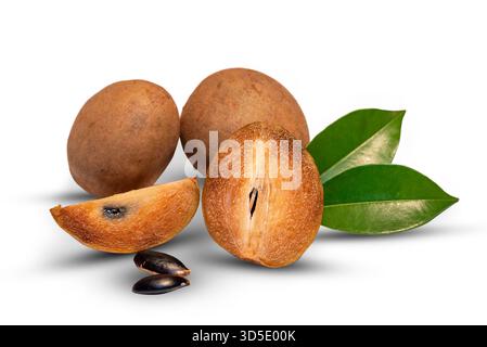Fresh organic chemical-free sapodilla (Manilkara zapota) sweet and taste fruit with green leaf isolated on white background Stock Photo