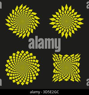 Yellow spiral patterns. Abstract rotating forms. Dynamic sun burst. Vector geometric illustration. EPS 10. Stock Vector