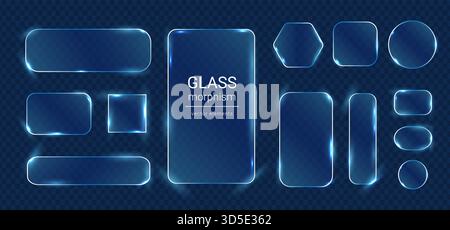 Glossy glassmorphism shapes set with neon glowing edges Stock Vector