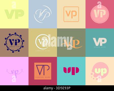 VP logo company template. Letter v and p logotype. Set different classic serif lettering and modern bold text with design elements. Initial font typog Stock Vector