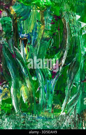 Colorful, flowing green acrylic brushstrokes in a botanical style on paper. This image was painted and photographed by the photographer. Stock Photo